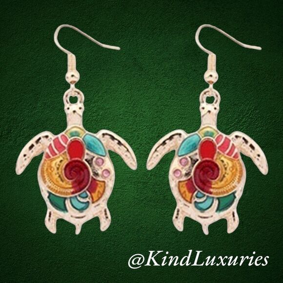 Multicolored Enameled Turtle Earrings - Picture 1 of 13